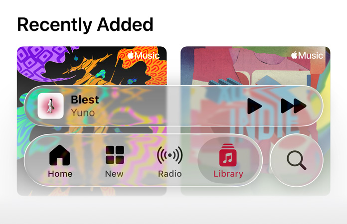 Controles translúcidos no Apple Music refratam o fundo.