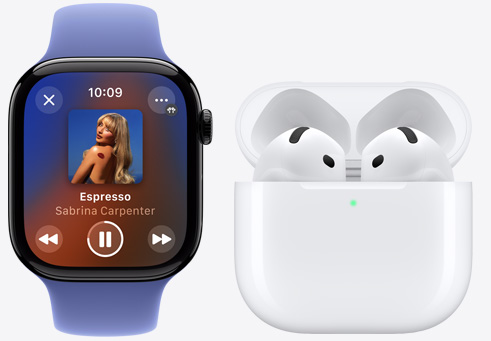 Apple Watch Series 10, възпроизвеждащ песен до AirPods 4.