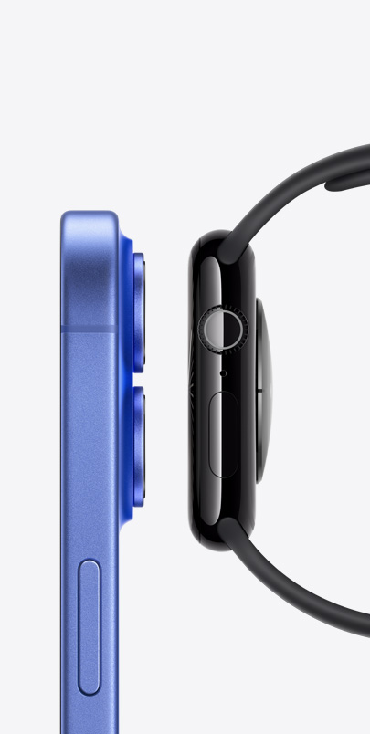 Страничен изглед на iPhone 16 и Apple Series 10 един до друг.