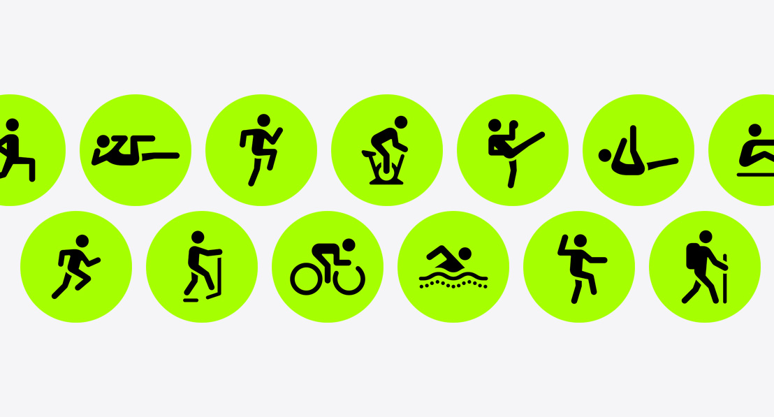 Икони на различните тренировки, налични в Workout приложението.