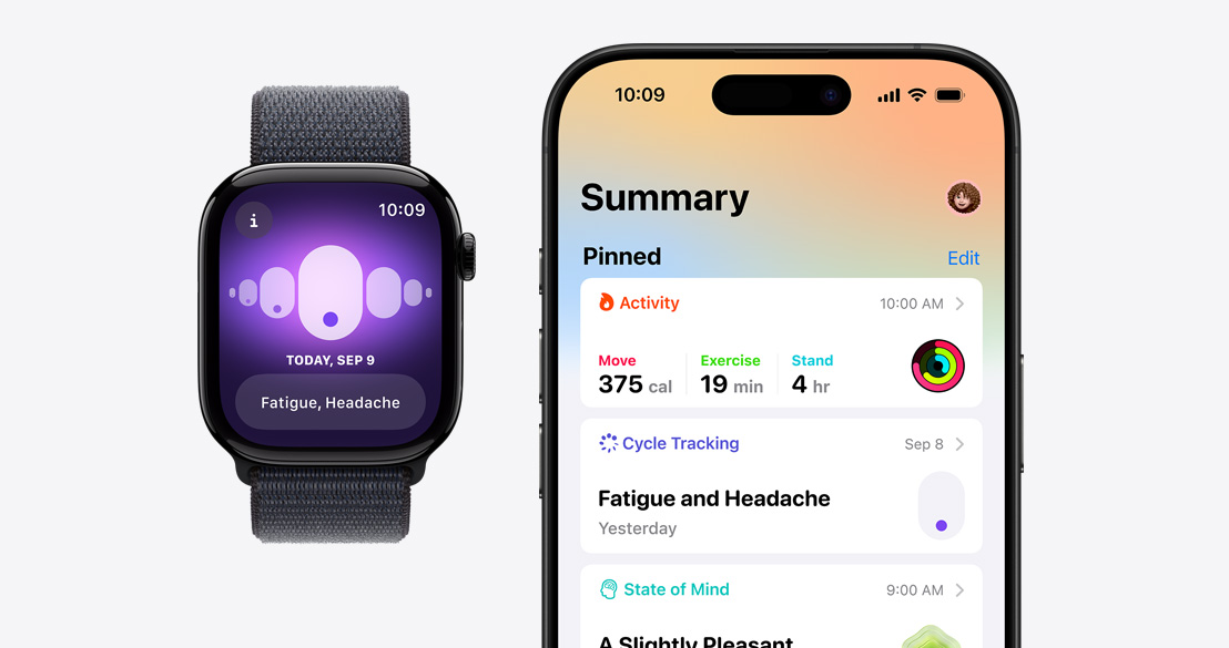 Apple Watch Series 10, на който се показва Cycle Tracking приложението, и iPhone 16 Pro с Health приложението, в което се показва информация от Cycle Tracking.