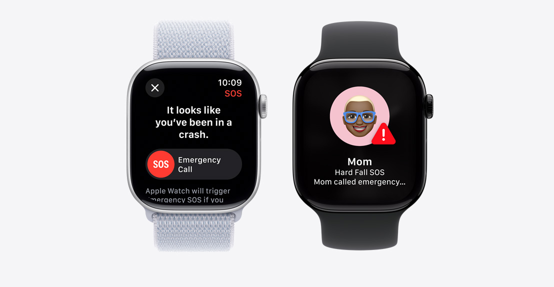 Два Apple Watch Series 10. Първият показва екран с известие от Crash Detection с Emergency Call бутон. Вторият показва известие, че 