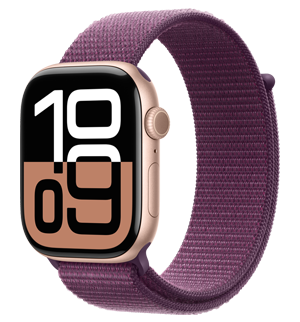 Apple Watch Series 10 с алуминиев корпус в розово златно и каишка Sport Loop в цвят слива.